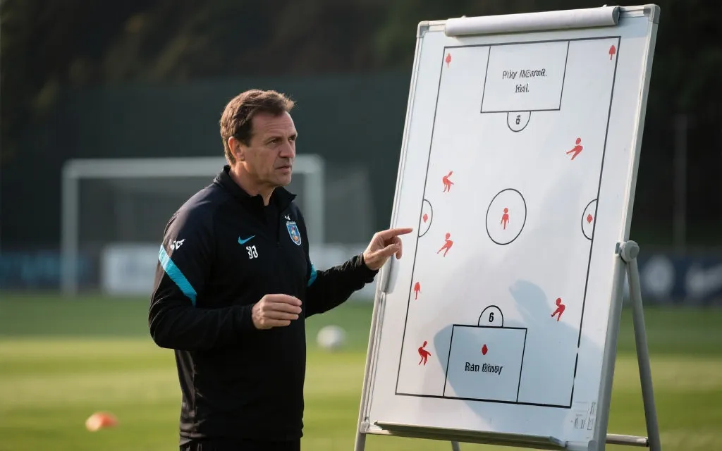 教练在战术板前布置阵型与球员跑位